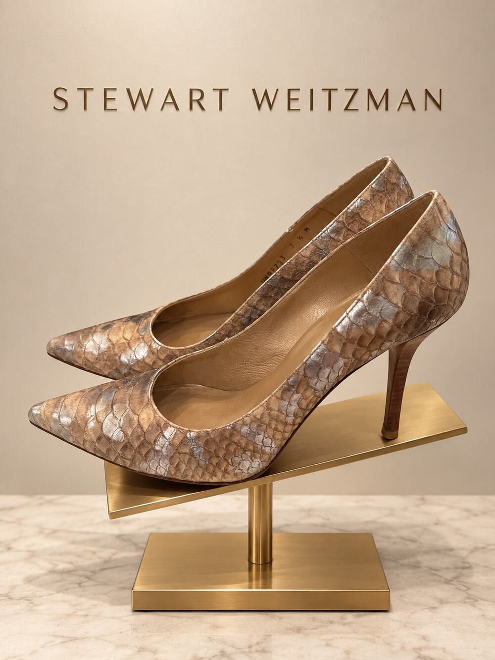 Stuart Weitzman Metallic Snakeskin Pointed Toe Pumps Heels Size 7.5 HW99753